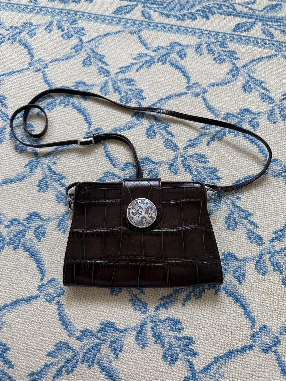 Brighton Dark Brown Croc-Embossed Crossbody with Silver Medallion